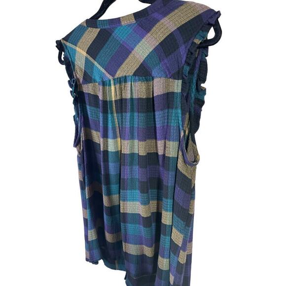 Torrid Plaid Gauze Button Front Tie Neck Tank Purple Green Gold Black Size 1 - Picture 3 of 8